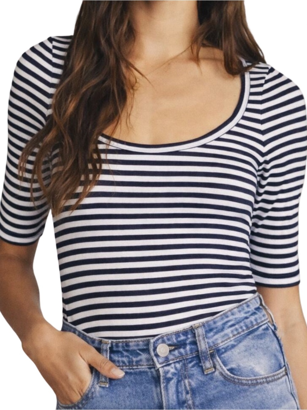 Faherty Women’s Size L Navy White Striped Scoop Neck Long Sleeve Top T-Shirt
